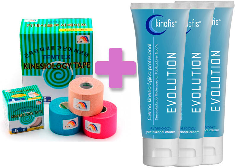 OFERTA PACK BANDA TEMTEX: 6 rolos banda neuromuscular Temtex Kinesiology tape 5cm X 5m + 3 cremes Kinefis Evolution 200 cc