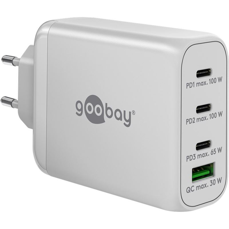 Goobay USB-C PD Multiport-Schnellladegerät 100 Watt (weiß, 1x USB-A QC, 3x USB-C PD, GaN-Technologie)