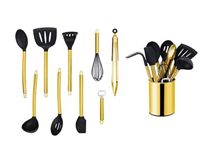 ECHTWERK Küchenuntensilien,10-teiliges Küchenhelfer-Set,Küchenzubehör,Kochbesteck mit Edelstahlgriff,Kochset Utensilienhalter,Kochzubehör,Antihaft Silikon Haushaltshelfer,Gold-Edition