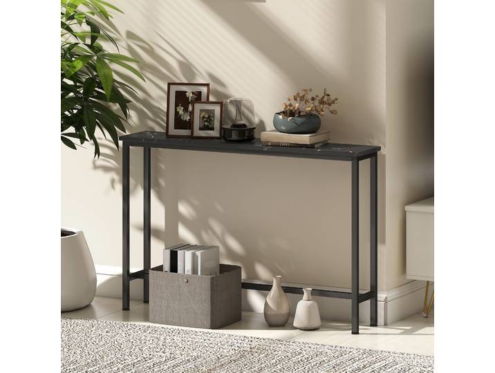 HOMCOM Console Étroite Effet Marbre Métal Noir 100x20x66 cm
