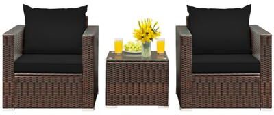 Costway 3 Pcs Patio Conversation Rattan Furniture Set with Cushion-Black