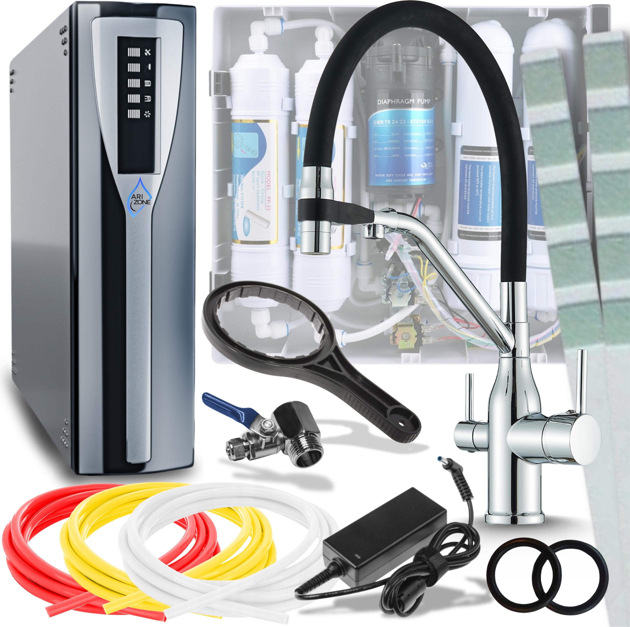 Wasserfilter Set MAGNETO RO Pad mit 3-Wege Küchenarmatur, Herausziehbare Brause, 360° schwenkbar, Chrom