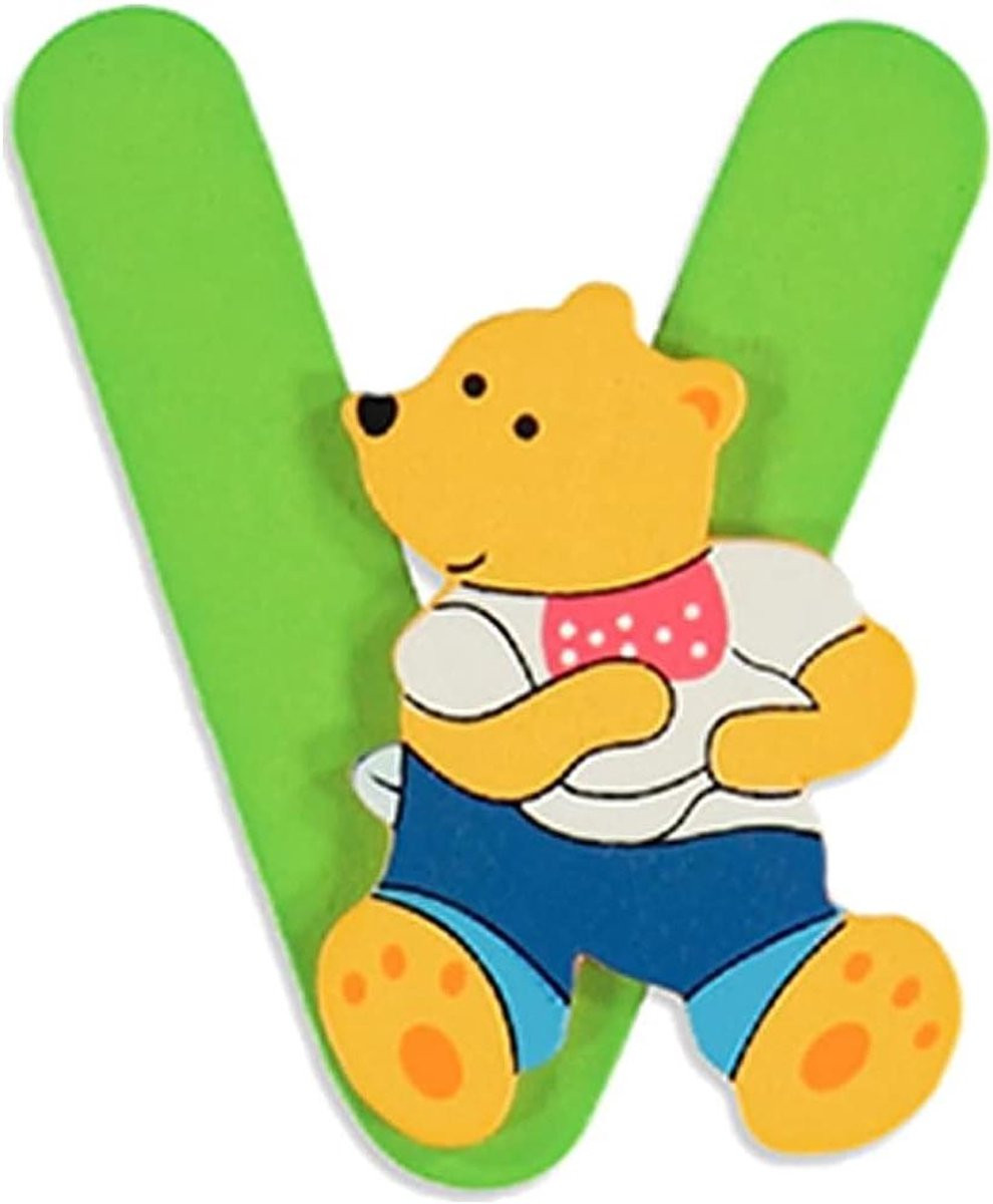 Houten letter decoratie Letter V met beerdesign voor de kinderkamer - 10 cm
