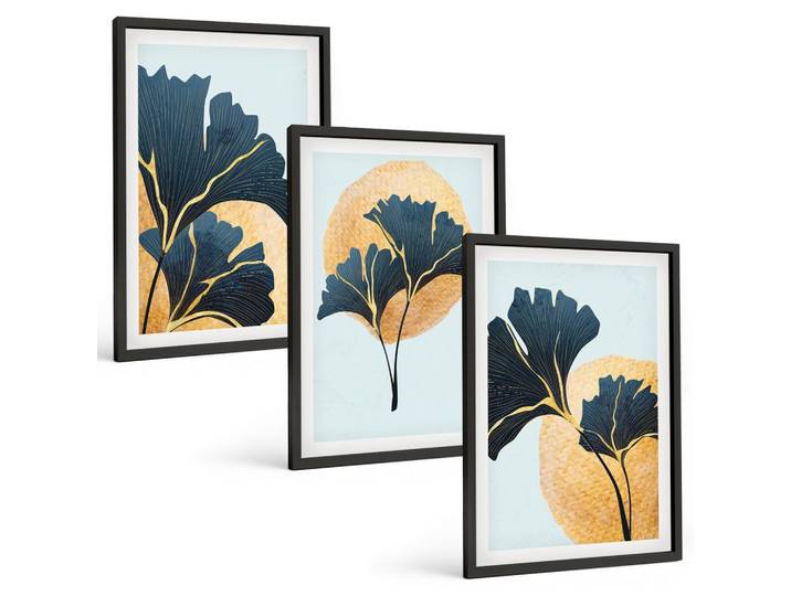 BILDER SET 3er Set - 40x60 cm Schwarzer Rahmen - Ginkgoblätter, heller Hintergrund