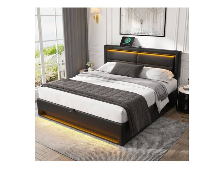MODFU Polsterbett mit Wireless-Charge-Funktion (ohne Matratze), mit LED-Beleuchtung, USB-Ladeanschlüssen
