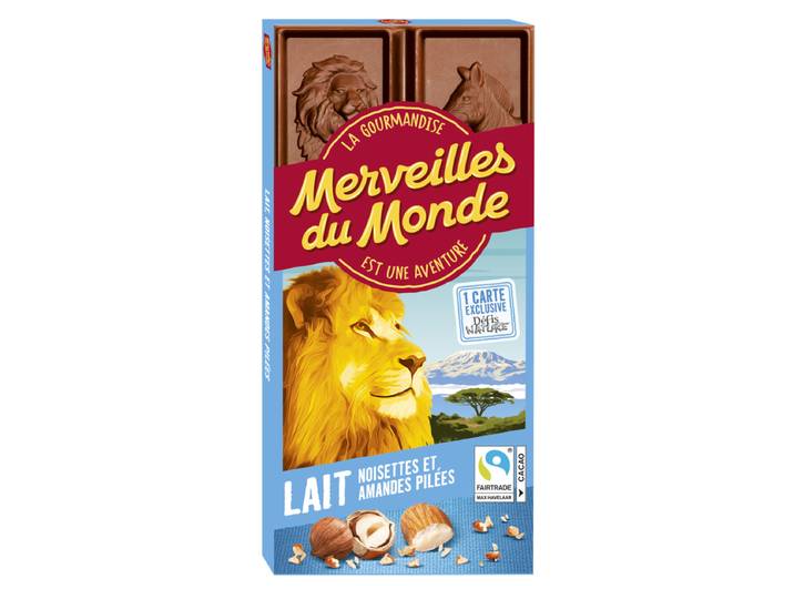 Merveilles du Monde Chocolat Lait, Amandes et Noisettes pilées 100g