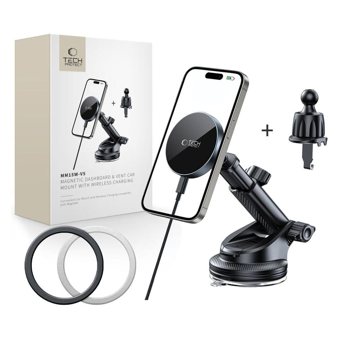 Tech-Protect Mm15w-V5 Magnetic Magsafe Dashboard & Vent Car Mount Wireless Charger 15w Black/Black (5906302361045)