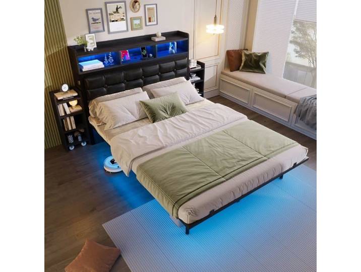Lit 140x190 avec Sommier et Table de Chevet Réglable Lit Double 140x190 avec LED et Ports USB/USB-C (sans Matelas)