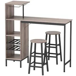 MODFU Bartisch Set Grau 122x122x40 cm mit 2 Hockern, Weinregal und Glashalter, platzsparendes Industrie Design, MDF Melamin Stahl