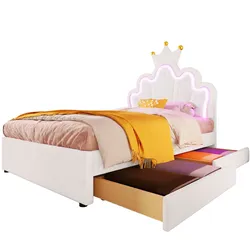 MODFU Polsterbett 90x200 mit Fernbedienung, LED-Beleuchtung, 2 Schubladen, Kronenform, PU & MDF, komfortables Kopfteil, Weiß