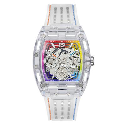 Multifunktionsuhr GUESS "PHOENIX", bunt (transparent, bunt), Armbanduhren, Herren, Quarzuhr, Armbanduhr, Herrenuhr, Silikonarmband, analog, Wochentag
