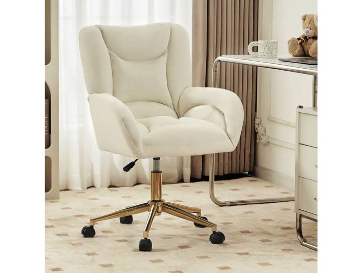 ROVRYN Chaise de bureau en velours ivoire hauteur réglable pivotante à roulettes 360° base dorée