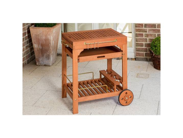 Gardenson Garten-Servierwagen, Natur, Holz, Eukalyptusholz, massiv, rechteckig, eckig, Rollen, 75x84x75 cm, FSC Mix, ausziehbar, Flaschenfach, herausnehmbares Tablett, offenes Fach, einfacher Aufbau, Gartenzubehör, Gartenkommoden & Gartenregale
