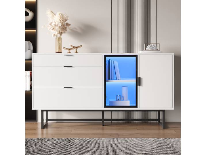 Buffet moderne de luxe blanc PINGGO avec 3 tiroirs, portes en verre et éclairage LED pour salle à manger