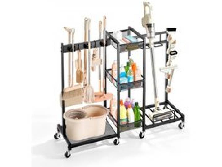 VEVOR Organisateur d'Outils de Jardin avec Porte-Balais, Support de Rangement en Acier avec Roulettes pour Balais, Serpillières, Brosses, Aspirateur et Fournitures de Nettoyage, Maison et Garage, Noir
