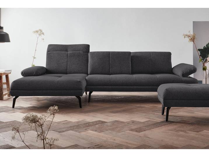 Ecksofa, 100% Naturleder & Polyester, Anthrazit, 295×162 cm, Verstellbar, Skandinavisch, andas