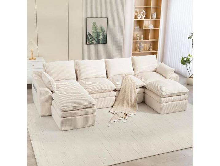 Canapé modulaire - KOMHTOM - Modulaire 4 places - Velours côtelé - 2 poufs & rangements latéraux - Suspension à ressorts
