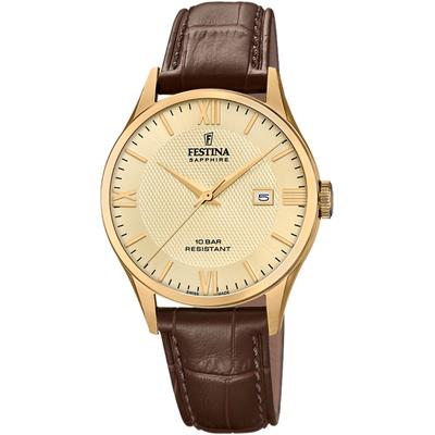 Quarzuhr FESTINA "Swiss Made Collection", braun (dunkelbraun, gelbgoldfarben), Armbanduhren, Damen, goldfarben, Quarzuhr, Armbanduhr, Damenuhr, Herrenuhr, Swiss Made, Lederarmband, Datum