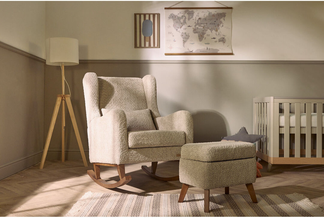 Tutti Bambini Harper Wingback Rocking Chair & Footstool – Teddy Mushroom 97cm H X 71cm W X 107cm D