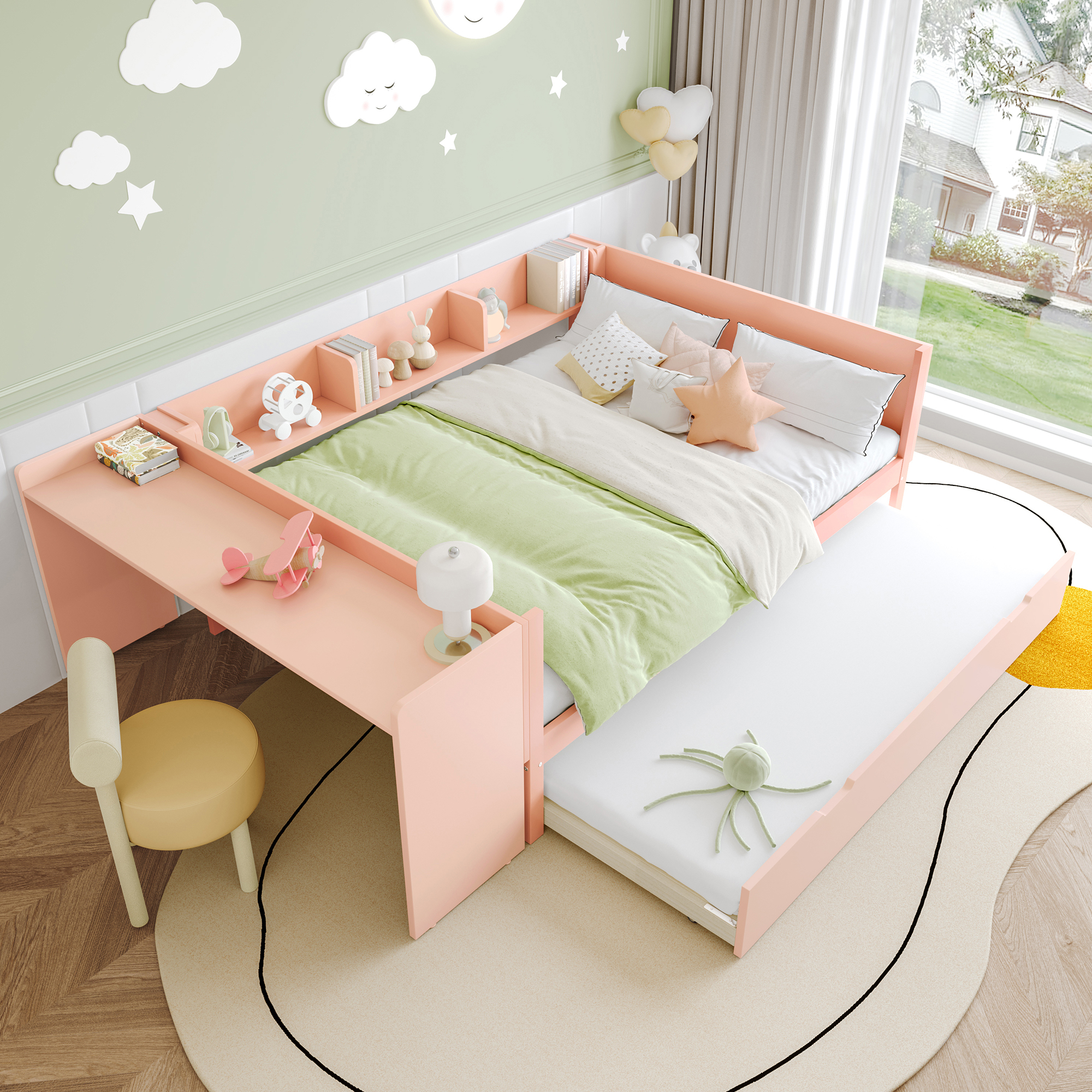 Flieks Kinderbett 140x200cm mit Ausziehbett, Doppelbett Holzbett mit Schreibtisch und Regal, Klassisches Bett für Kinderzimmer, Rosa