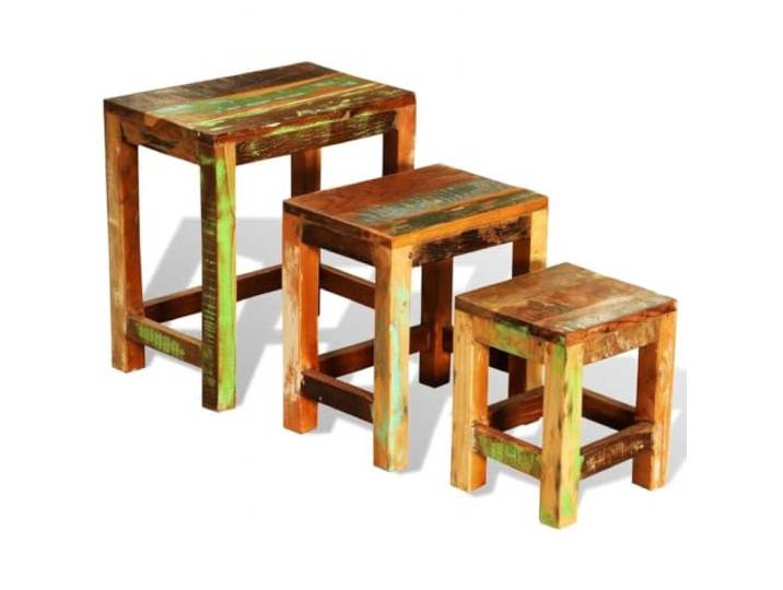 Favemtsl Satztisch 3er Set Vintage Beistelltisch Massivholz Altholz Stapelbare Holzbeistelltische fürs Wohnzimmer. Handgefertigte Unikate aus recyceltem Massivholz als flexible Ablage.