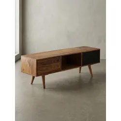 TV-Lowboard Massivholz, 2 Türen und Fach, Vintage-Stil, Schwarz 140x35x45 cm