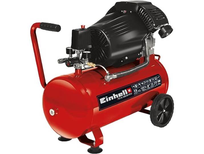 Einhell Compresseur à air double cylindre TC-AC 420/50/10 V (2200 W\, Cuve de 50 L\, Pression 10bar\, Débit d'aspiration 420 l/min\, Réducteur de pression)