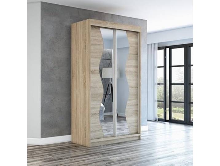 A&J MöbelLand Schwebetürenschrank RIMA 2-türig mit Spiegel, Kleiderschrank 120 cm (Sonoma)