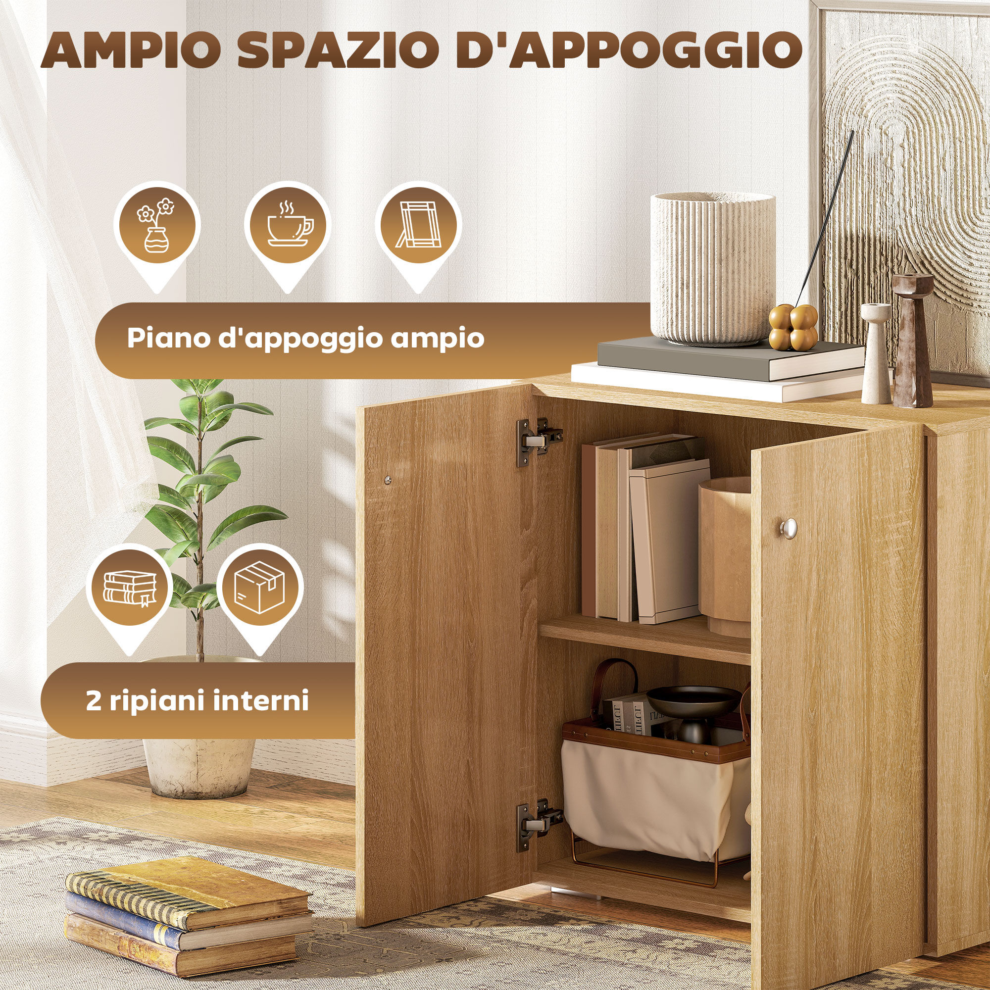 Altro Mobiletto Multiuso A 2 Ante, Mobiletto Soggiorno O Ufficio In Legno Con Maniglie In Alluminio, 70x39x70cm