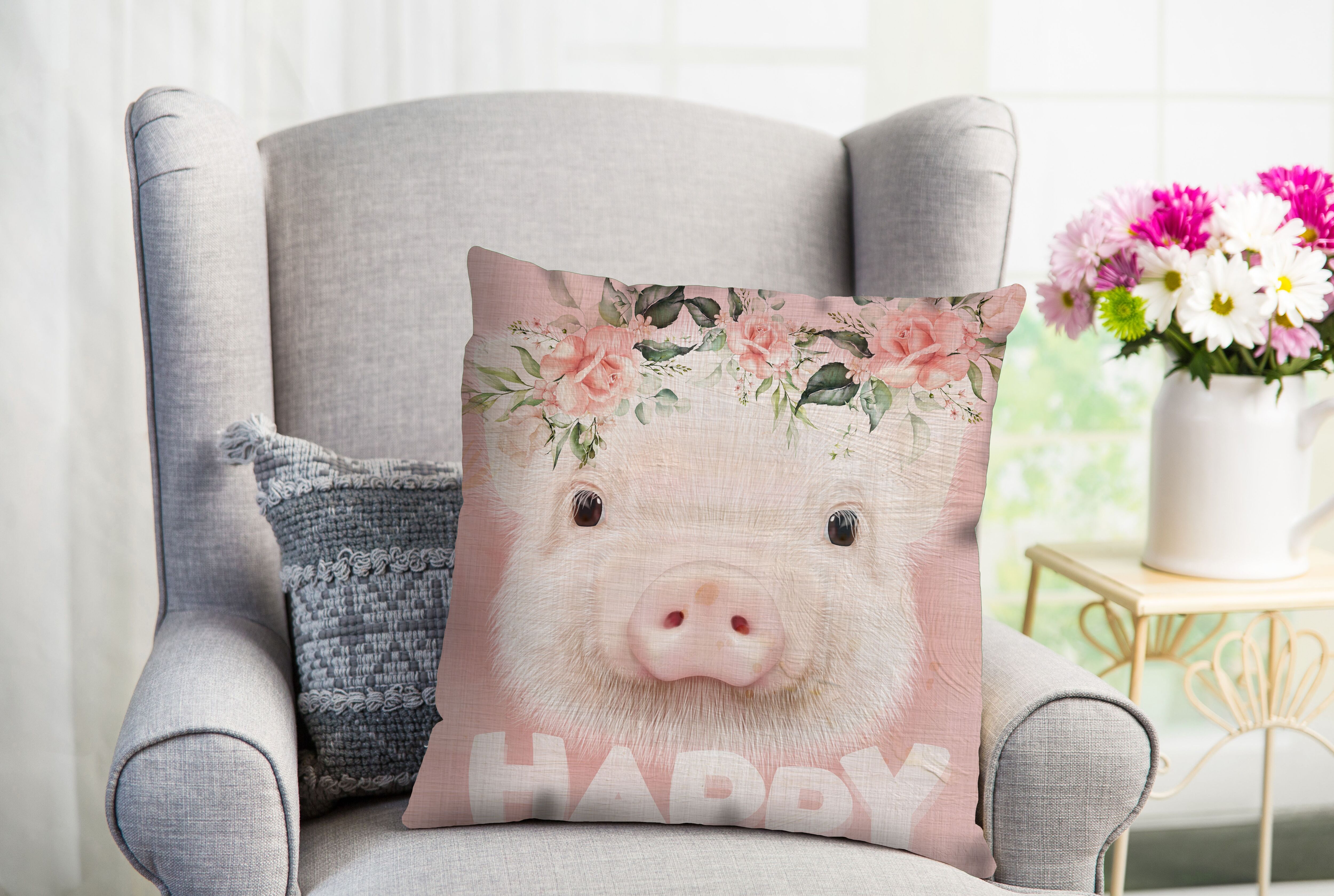 Dekokissen QUEENCE "Barney", rosa (rosa, bedruckt), B:40cm L:40cm, Polyester, Dekokissen_Sitzkissen_Kissenhüllen, Dekokissen, süsses Schweinchen rosa, bedruckt B/L: 40cm x 40cm, 1 Stk.