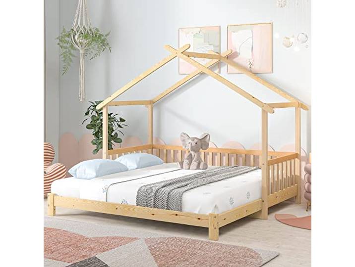 ModernLuxe Kinderbett Hausbett 90x200cm, Holzbett Kiefer massiv Einzelbett mit Schiebebett für Kinder, Matratze Nicht enthalten (Nature, 90x200cm)