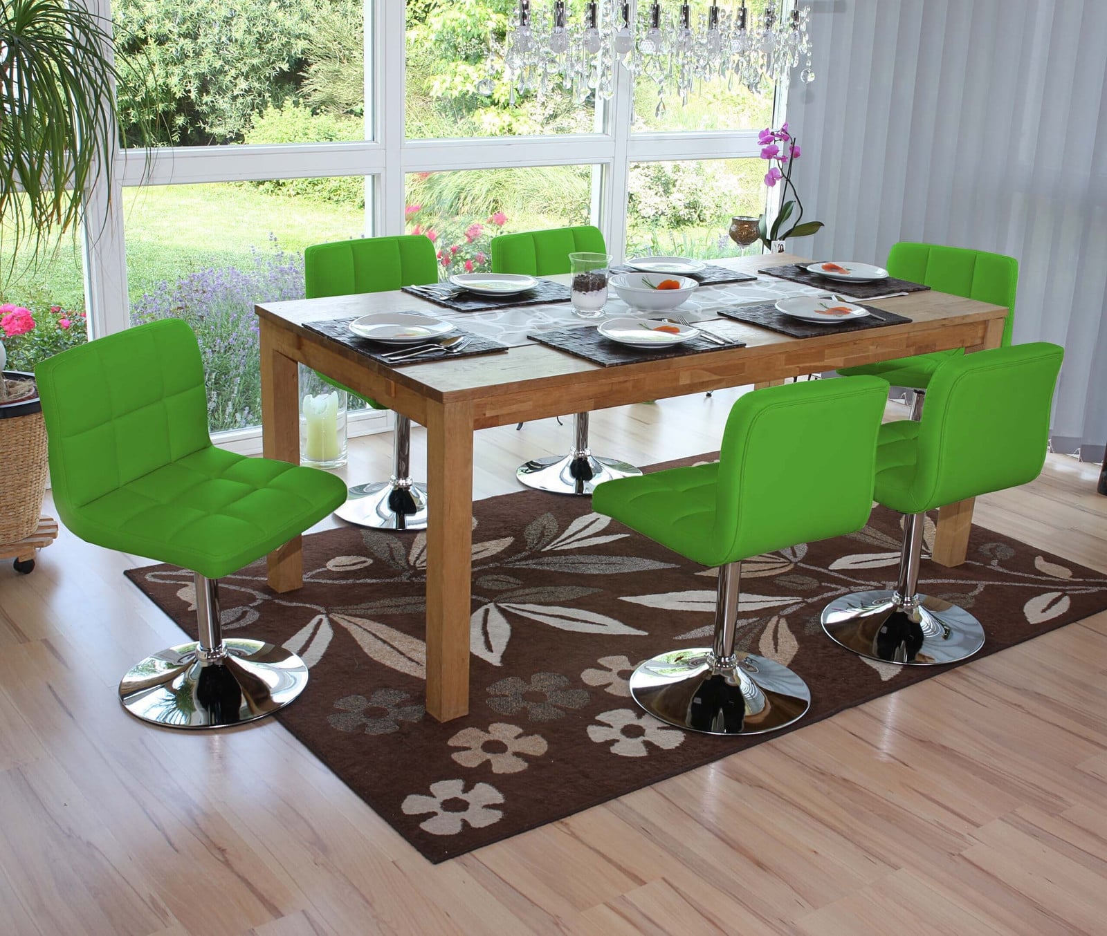 Mendler Set van 6 eetkamerstoelen Kavala, draaistoelen, groen kunstleer met chroom