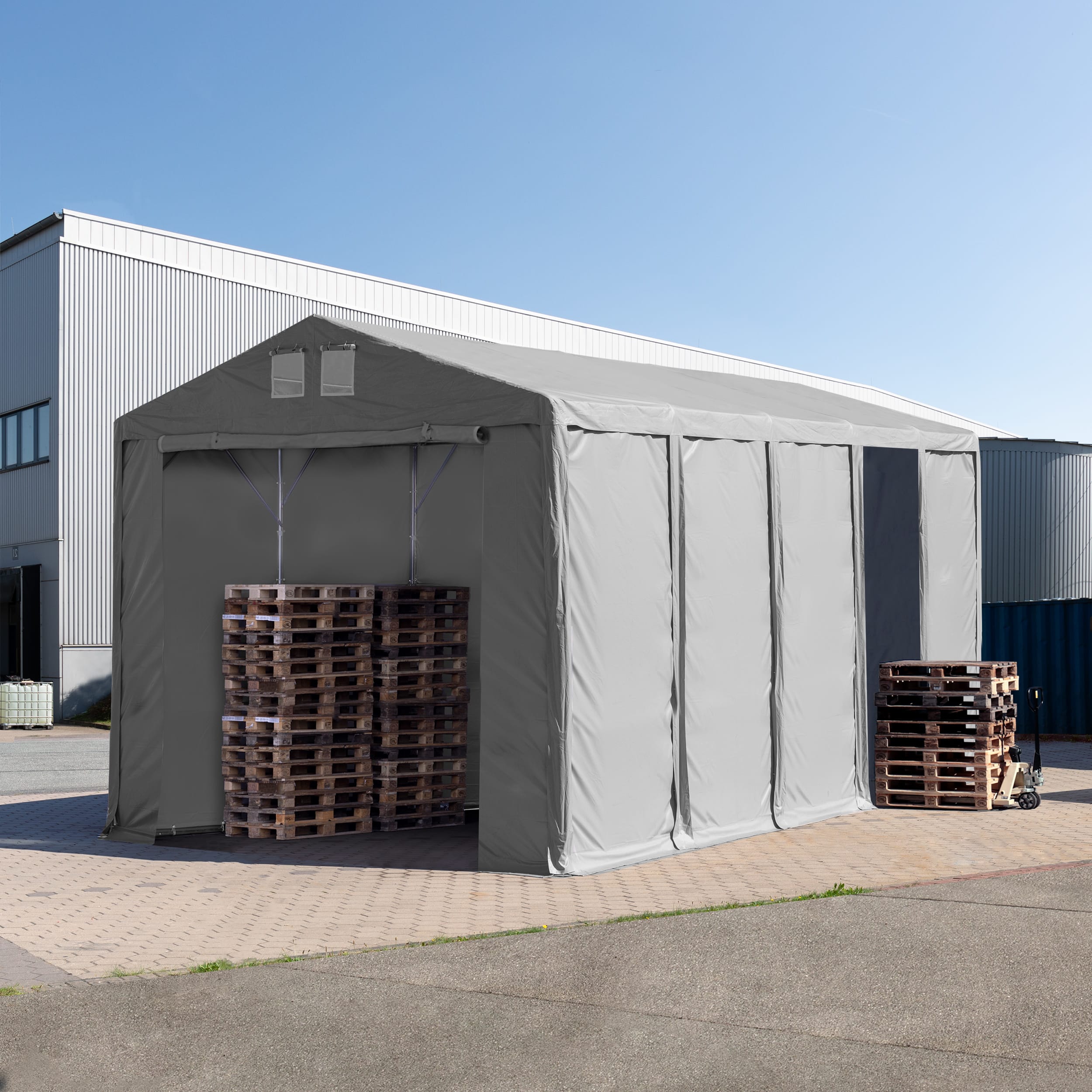 TOOLPORT 5x10m 3.6m Sides Storage Tent / Shelter w. ground frame and zipper entrance, PVC 850, grey with statics package (concrete anchors) - (94021)