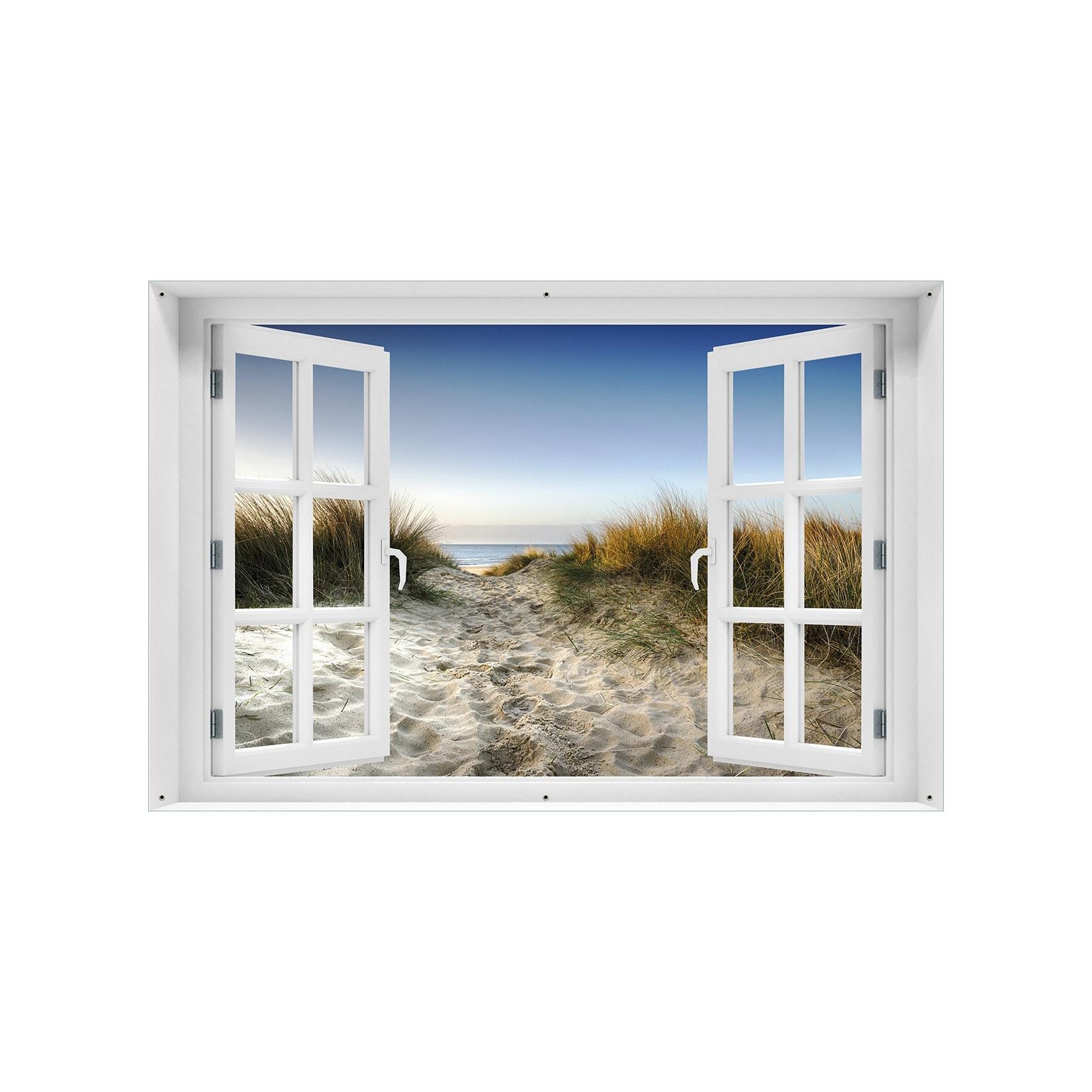 Wallario Gartenposter ca. 100 x 150 cm mit Fenster-Illusion Weg durch die Dünen zum Strand am Meer