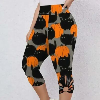 Quick Pick Pro New Women's Fashion Capri Leggings, High Rise, Allover Cat And Pumpkin Print, Cut Out Design multi 2xl
