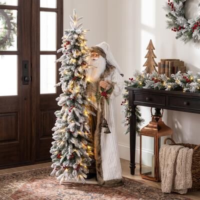 Glitzhome Woodland Claus Santa with Pre Lit Flocked Artificial Christmas Tree