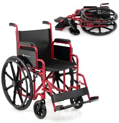 Costway Lightweight Folding Wheelchair for Adults with Swing-Away Footrest and Desk Arm-Red