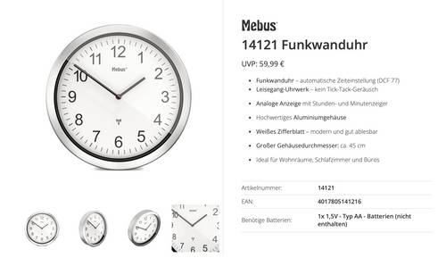 Mebus 14121 Funk Funkuhr 45cm Aluminium Leisegang-Uhrwerk