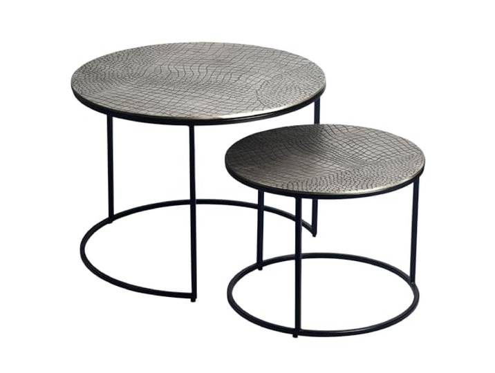 FineBuy Satztisch Metall 2er Set Rund Silber, Couchtisch Tischplatten mit geprägtem Muster, Sofatisch Set aus Aluminium, Platz für Getränke und Snacks, handgefertigt