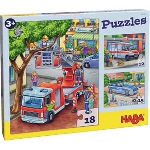 Haba Puzzle 1302759001, Polizei, Feuerwehr & Co., 12, 15 & 18 Teile, ab 3 Jahre