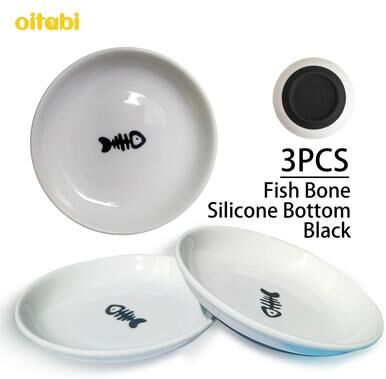 Uplift Essentials Ceramic Anti Whisker Fatigue Shallow Cat Bowl Set black Fish Bone