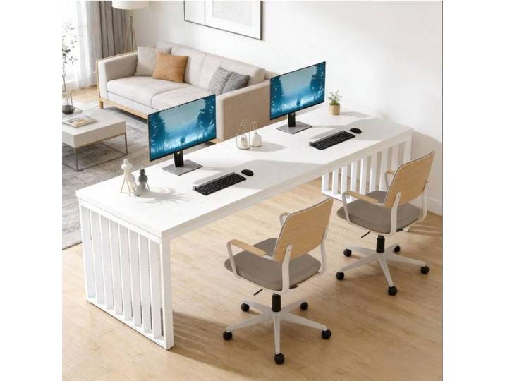 WUVRIE Bureau double 180 x 60 cm blanc bureau informatique 2 personnes en MDF et métal