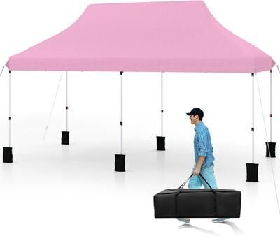 Costway 10 X 20 FT Pop up Canopy Tent Foldable Portable Outdoor Gazebo with Carry Bag-Pink