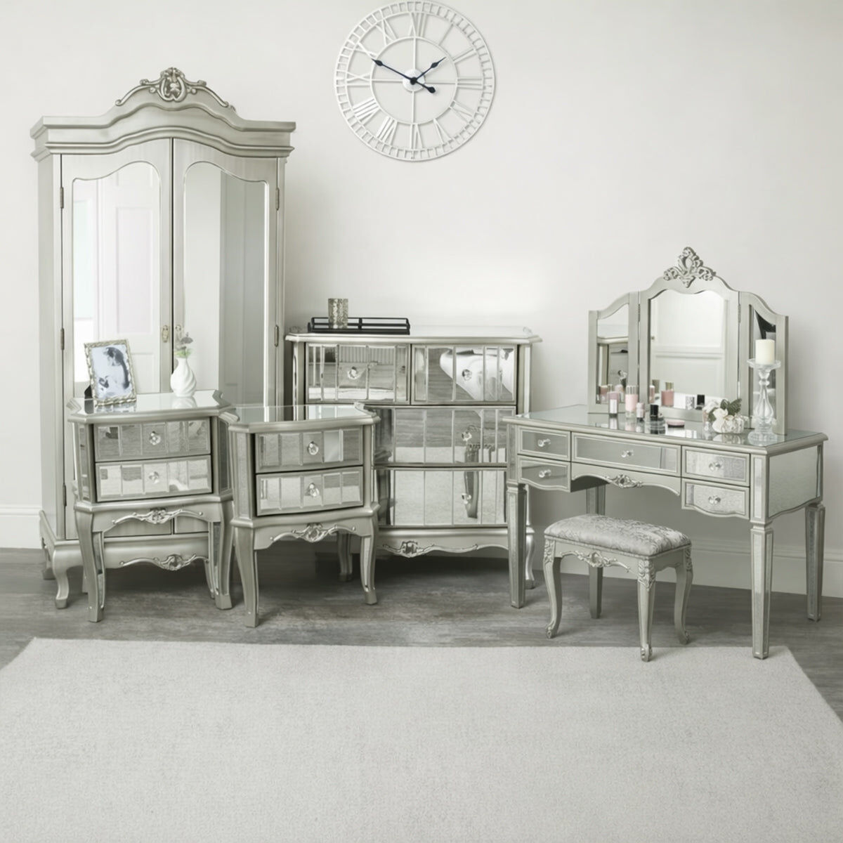 Silver Mirrored Double Wardrobe, Chest of Drawers, Large Dressing Table Set & Bedside Tables - Tiffany Range Glass, Wood