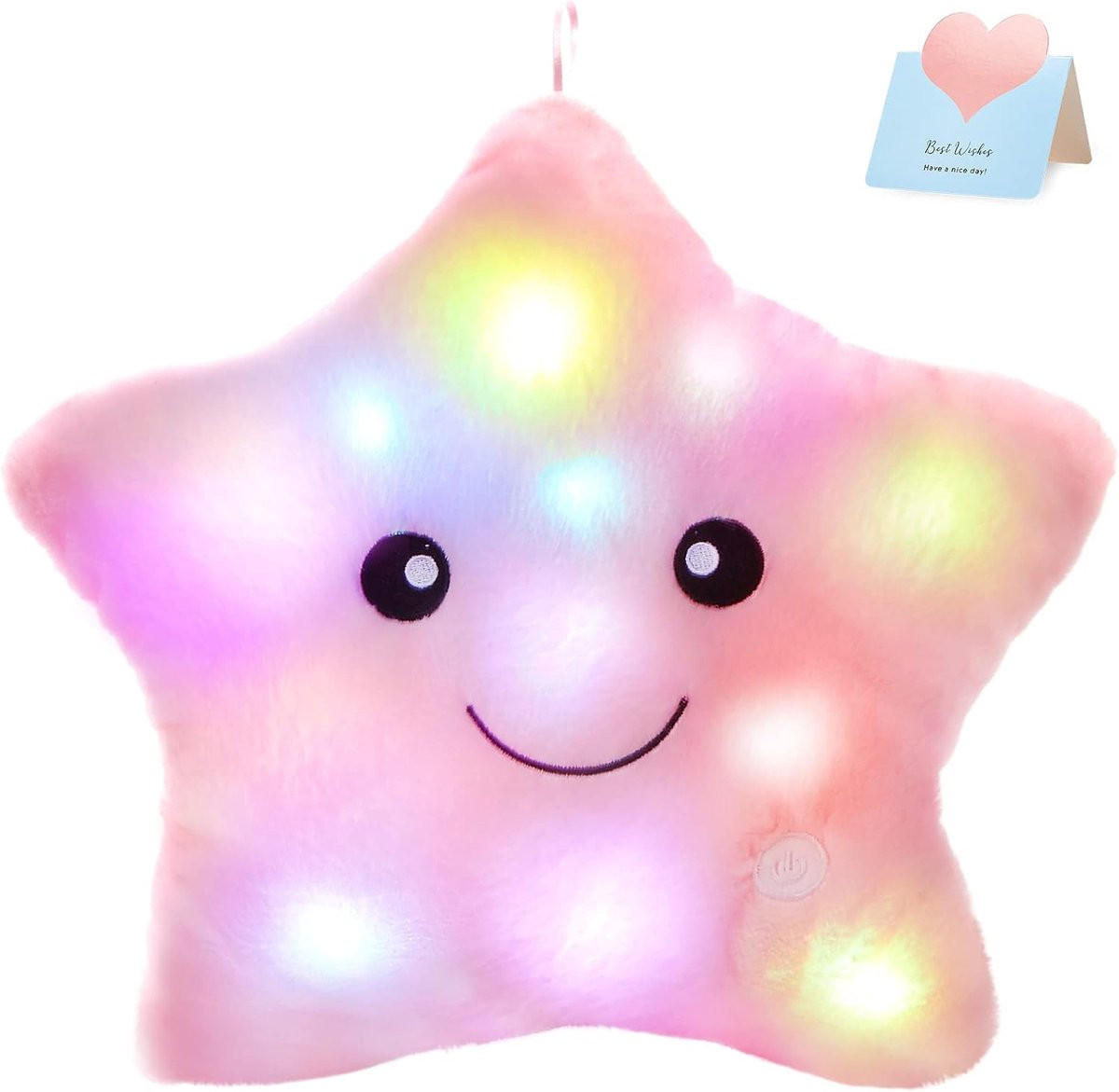 Roze Ster Kussen - Pluche Knuffel met Zachte Verlichting - 33 x 33 cm