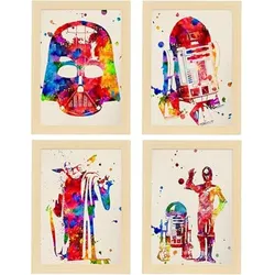 POSTER Set mit 4 Star Wars Film Darth Vader, Yoda, R2D2 und C3PO A4 Rahmen aus hellem Holz