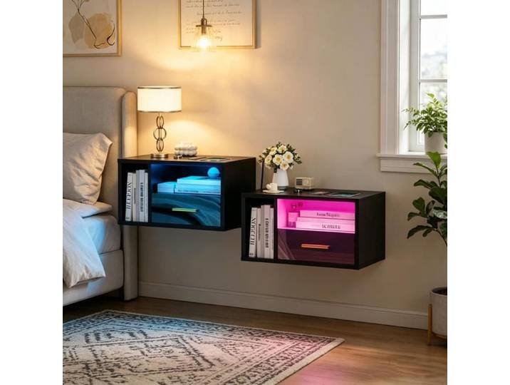 Lot de 2 Table de Chevet Murale Noire - LVHCMFOHM - Avec LED RGB et Tiroir Coulissant - 46 5x30x25 5cm - Design Minimaliste