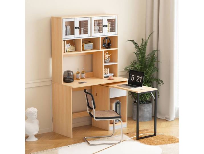 Bureau rangements bureau d'ordinateur bureau avec étagères bureau avec caissons bureau de travail blanc + bois naturel