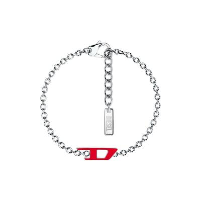 Armband DIESEL "Schmuck Geschenk Edelstahl Armschmuck Armkette D Logo", silber (edelstahlfarben, rot), Armbänder, Damen, 21cm, Edelstahl, Armband, Emaille