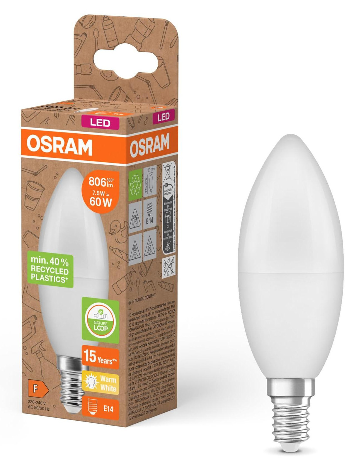 Osram LED STAR CLASSIC B 60 FR LED-lamp, E14, klassieke kaarsvorm, wit